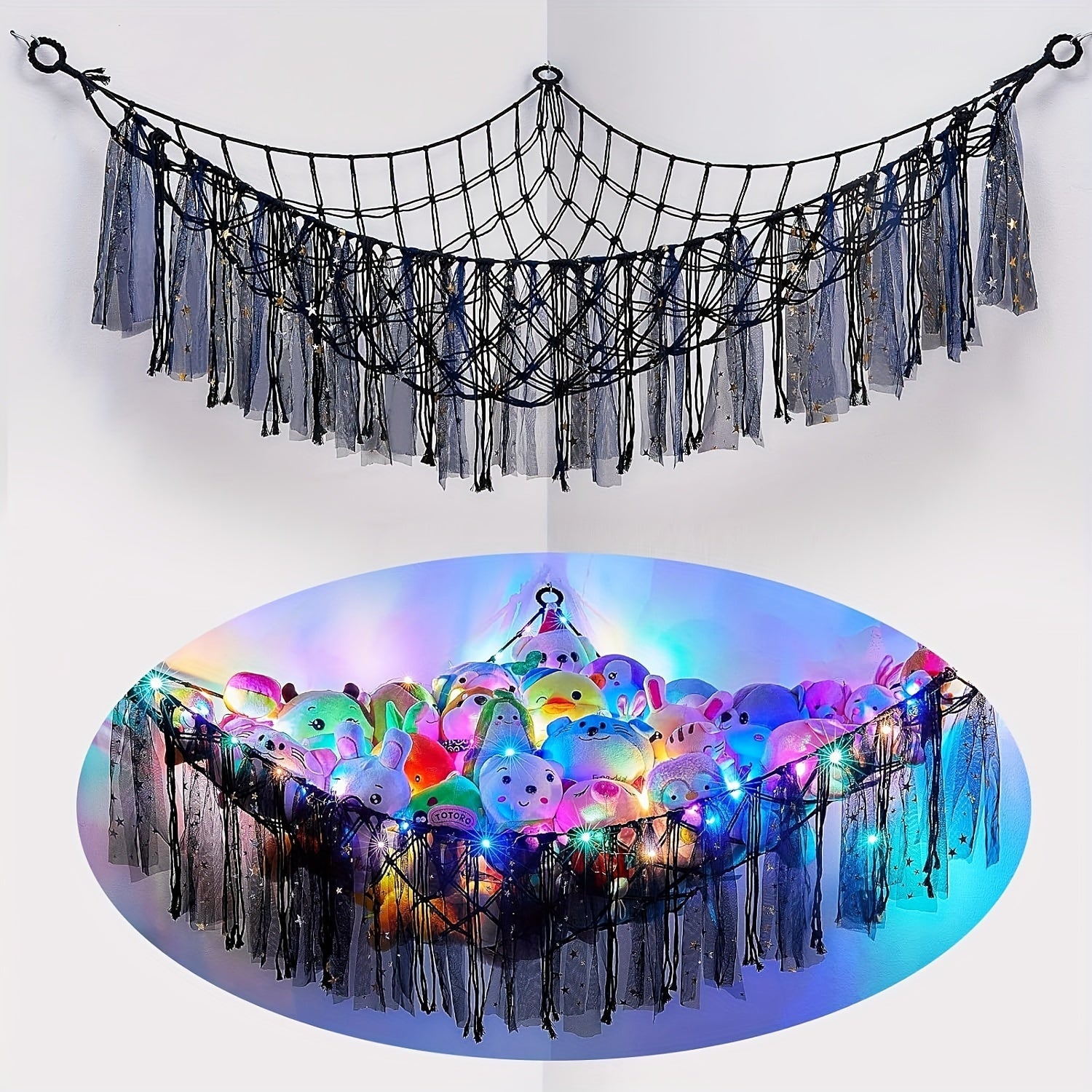 Bohemian Woven Toy Storage Net with Tassels for Stuffed Animals and Gifts