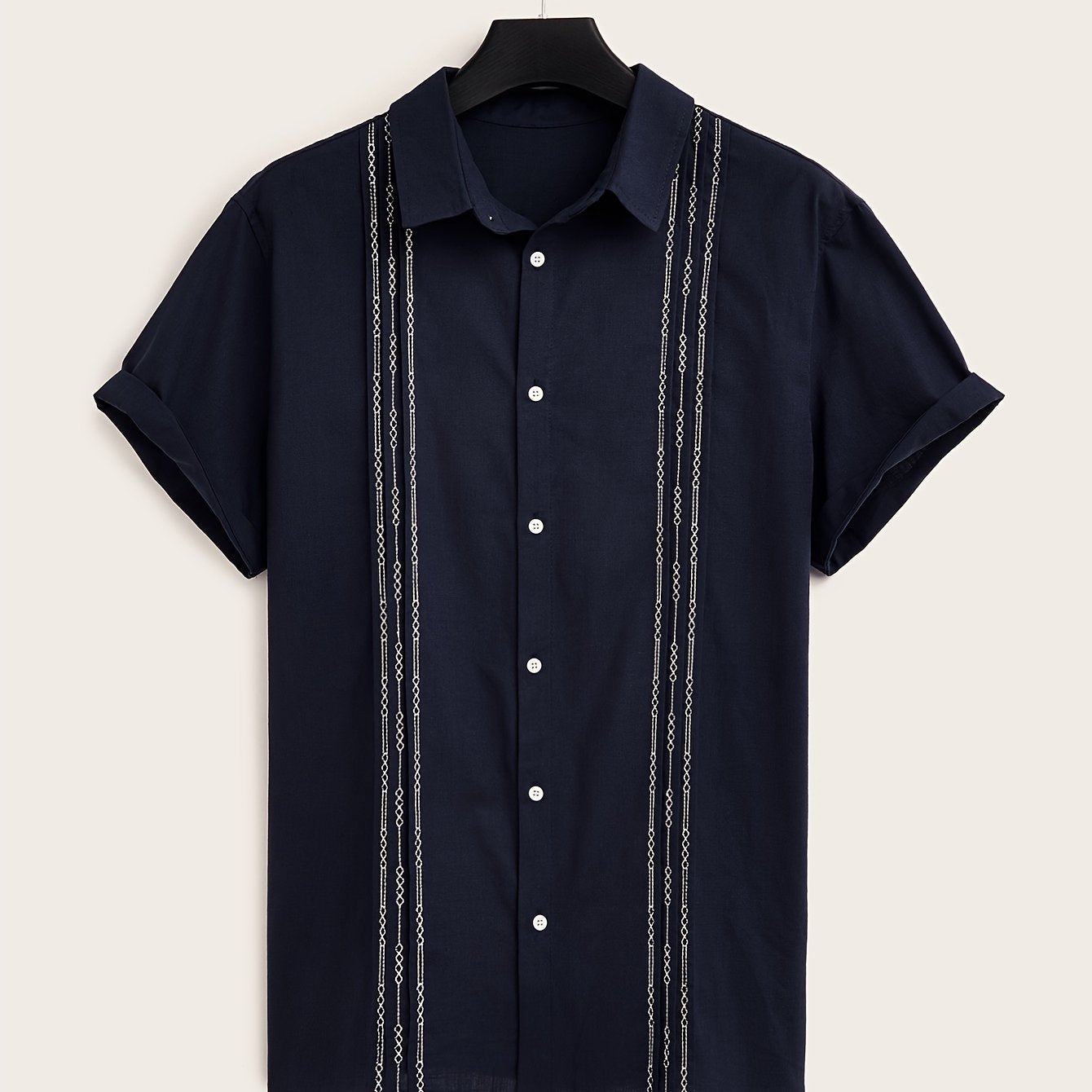 Plus Size Men's Cotton Short Sleeve Shirt with Embroidered Pattern for Summer