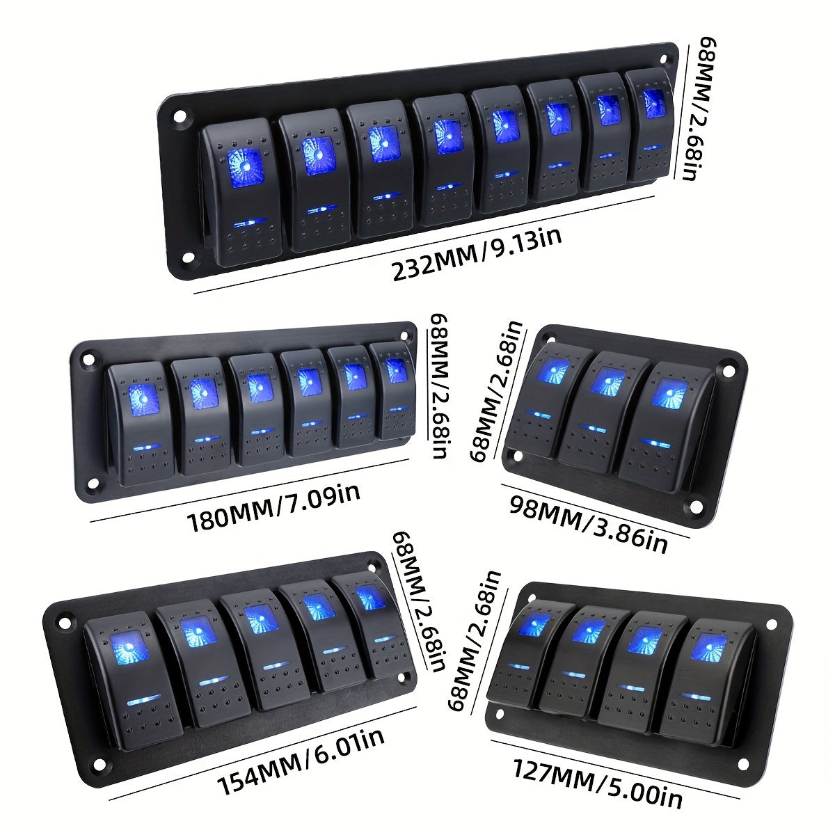 Алюминиевый панель переключателей Rocker 3-8 групп 5-контактный Вкл/Выкл синий для транспортных средств