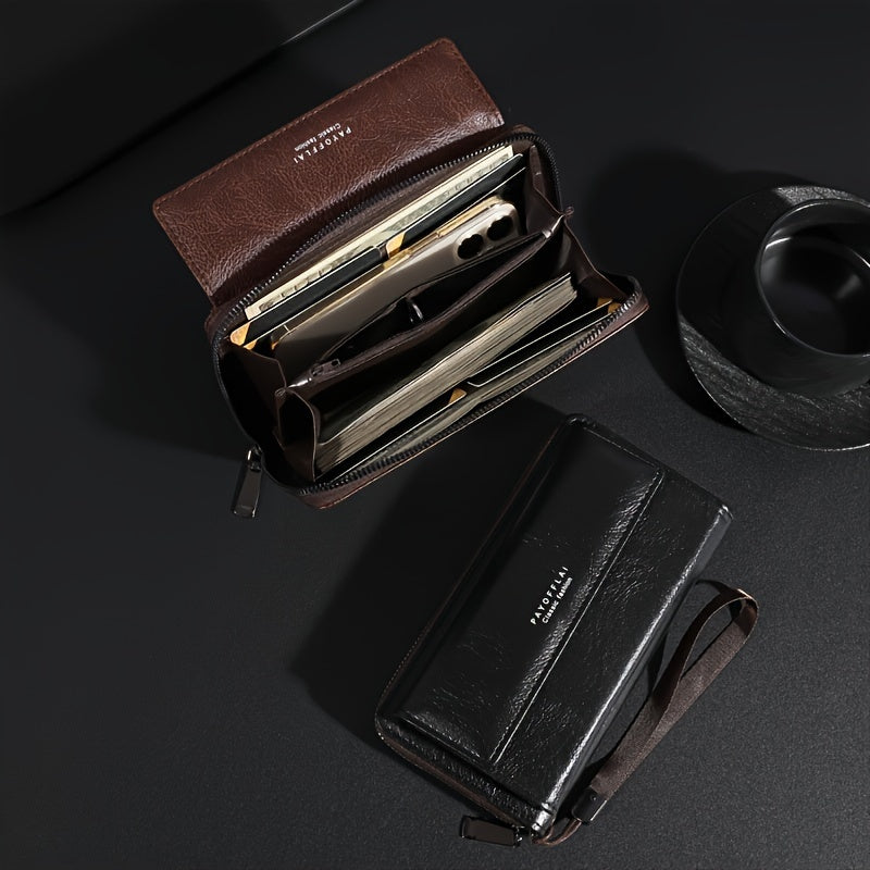 Erkaklar uchun sun'iy charm hamyon, zipli tangalar cho'ntagi, tugma yopilishi, karta ushlagichi va bir nechta joylar bilan.