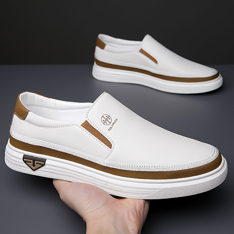 Men's Slip-On Loafers Microfiber Synthetic Leather Casual Non-Slip Rubber Sole White Brown Gold Accents