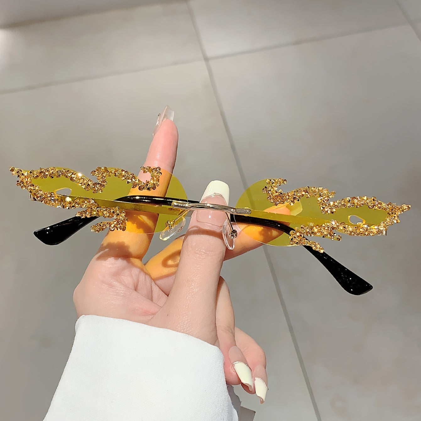 Women's Fire Flame Rimless Sunglasses with Rhinestones for Parties and Clubwear