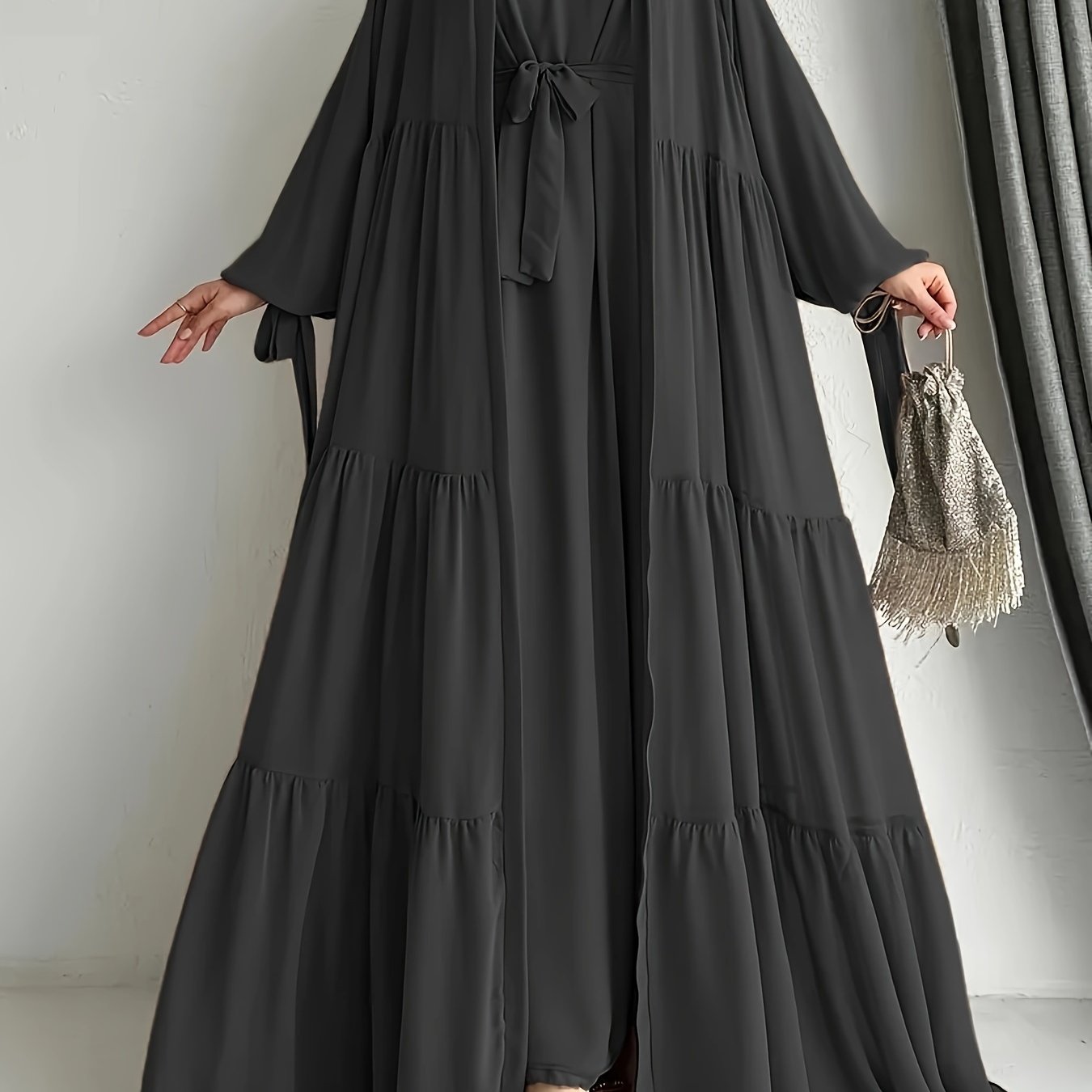 Middle Eastern Abaya Set with Chiffon Robe and Belt Long Sleeve Lantern Ruffle Hem Solid
