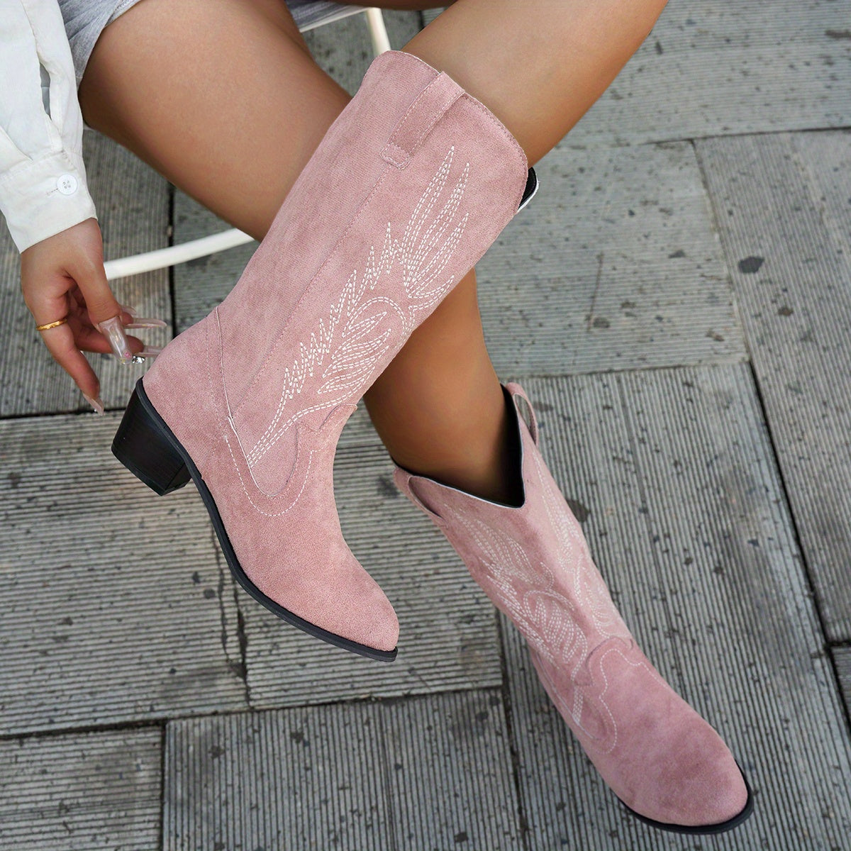 Women's Pink Faux Cover Embroidered Western Slip-On Boots for Festivals