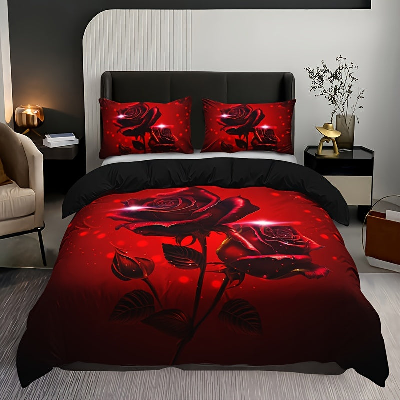 Red Rose Print Duvet Cover Set with 2 Pillowcases Breathable Polyester All Season