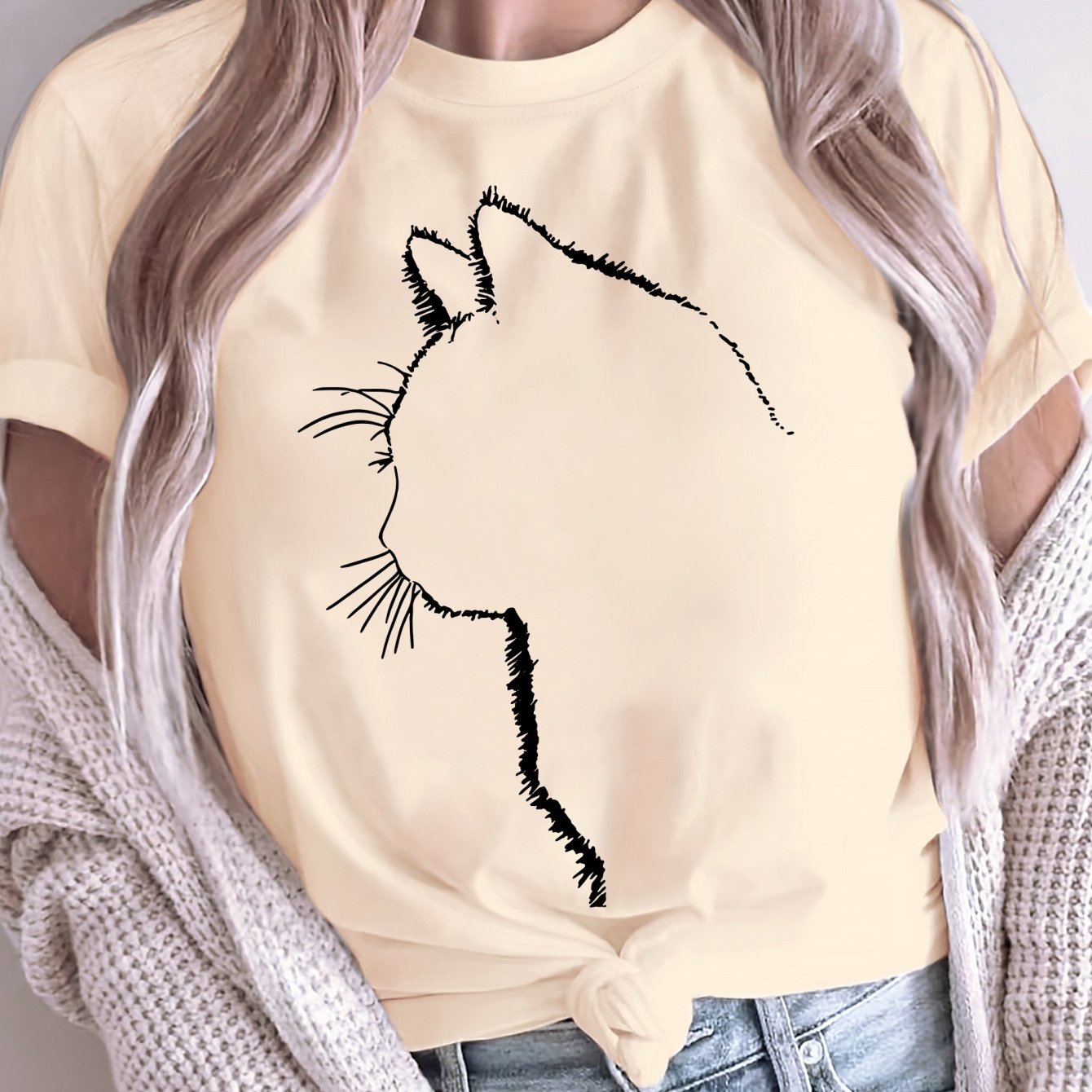 Women's Oversized Cotton Cat Graphic T-Shirt Casual Short Sleeve All-Season