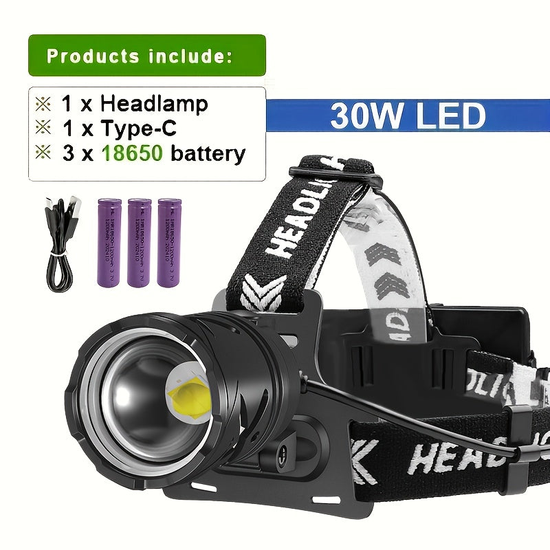 Rechargeable 30W LED Headlamp with Long Battery Life and Multi-Mode for Outdoor Activities