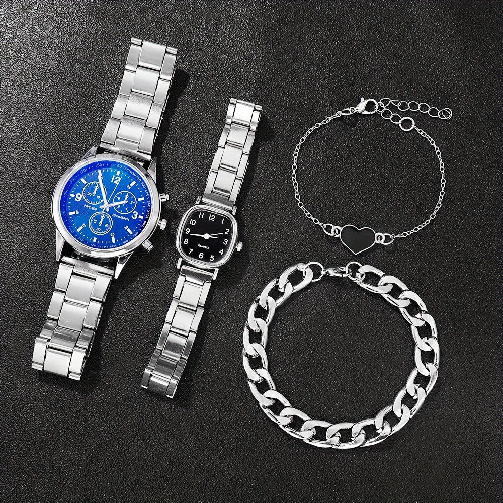 His and Hers Quartz Watch Set with Matching Bracelet Alloy Round Case Non-Waterproof Fashionable Gift