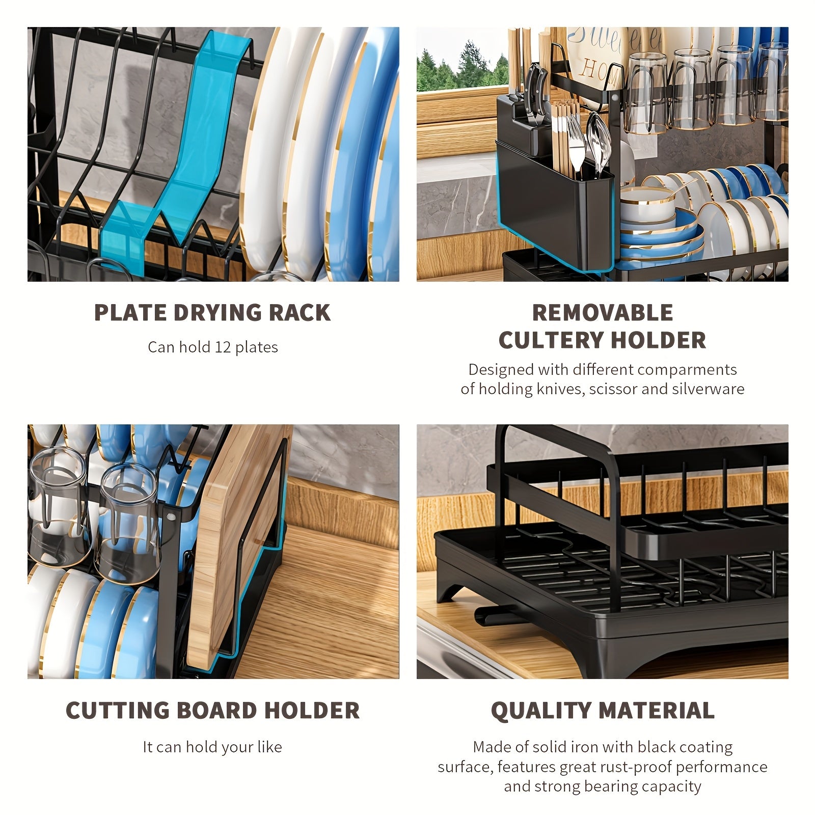 Dish Drying Rack Two-Tier with Drainboard Utensil and Cup Holders White Black