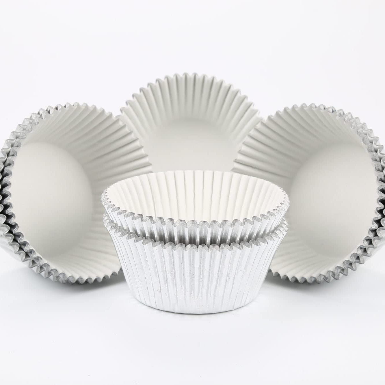 100 moldes de papel de aluminio plateado para cupcakes para hornear magdalenas