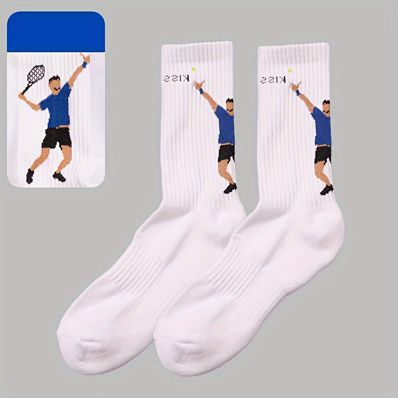 Men's Cotton Blend Sports Socks with Cartoon Print for Football Tennis Fitness Unisex All-Season
