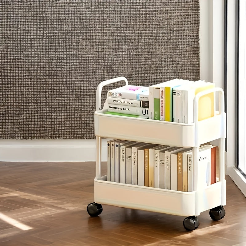 White Plastic 2-Tier Rolling Utility Cart with Hooks for Office Dorm Bathroom