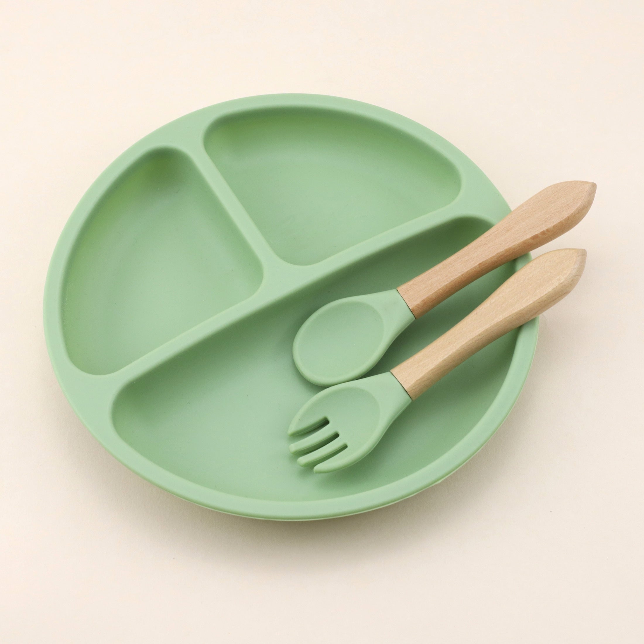 Baby Feeding Set 3-Piece Silicone Divided Plate with Suction Wooden Spoon Fork Red