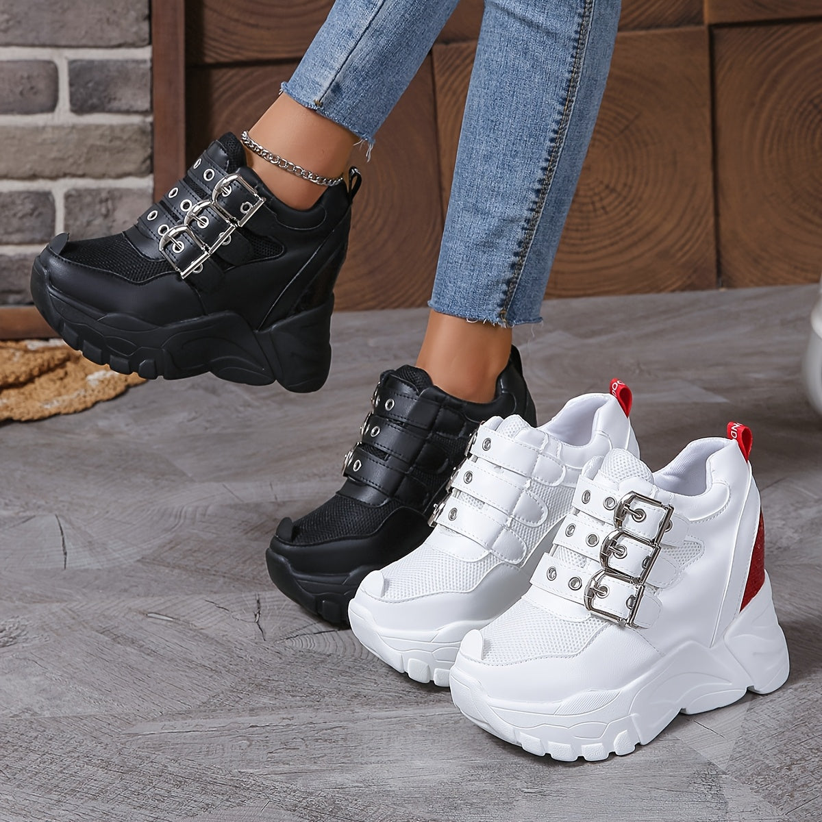 Women's Breathable Mesh Sneakers with Height Increase and Sparkling Sequins