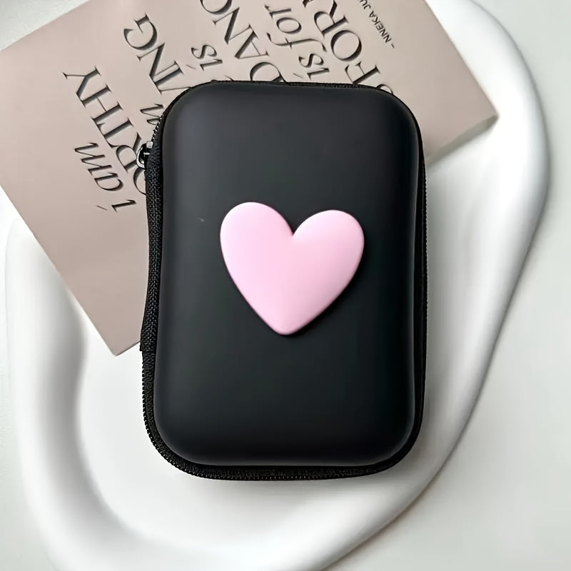 Estuche para auriculares y cargador de cuero PU en forma de corazón con cremallera y organizador de cables