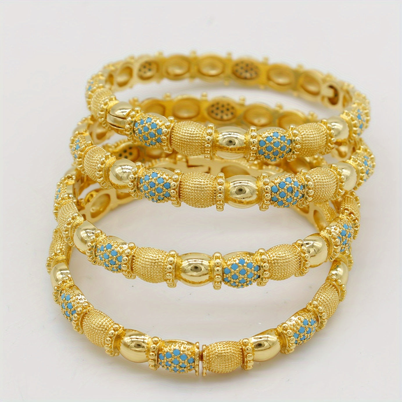 Set of 4 Copper Bangles with Zirconia Inlay Vintage Boho Style Adjustable Open Cuff for Women