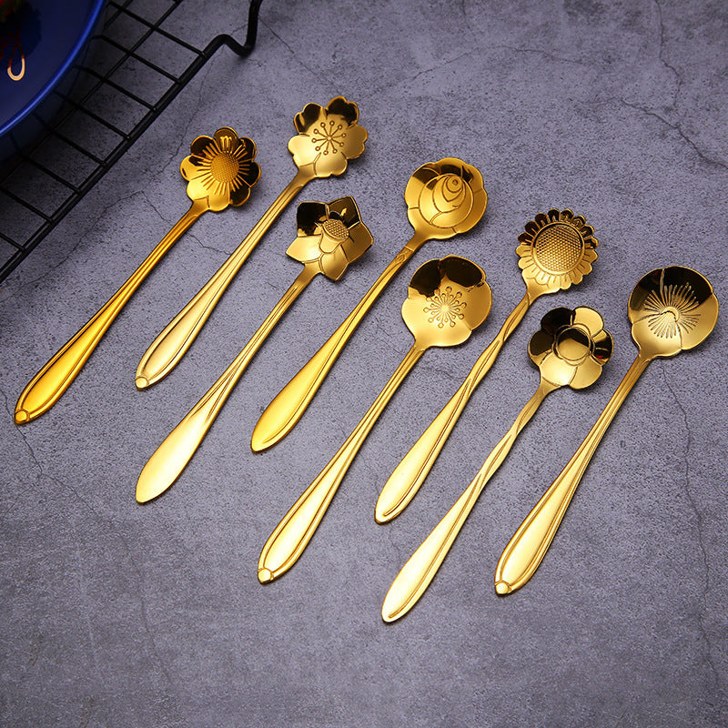 Golden Stainless Steel Coffee and Dessert Spoon Set with Floral and Geometric Designs for Tea and Cake