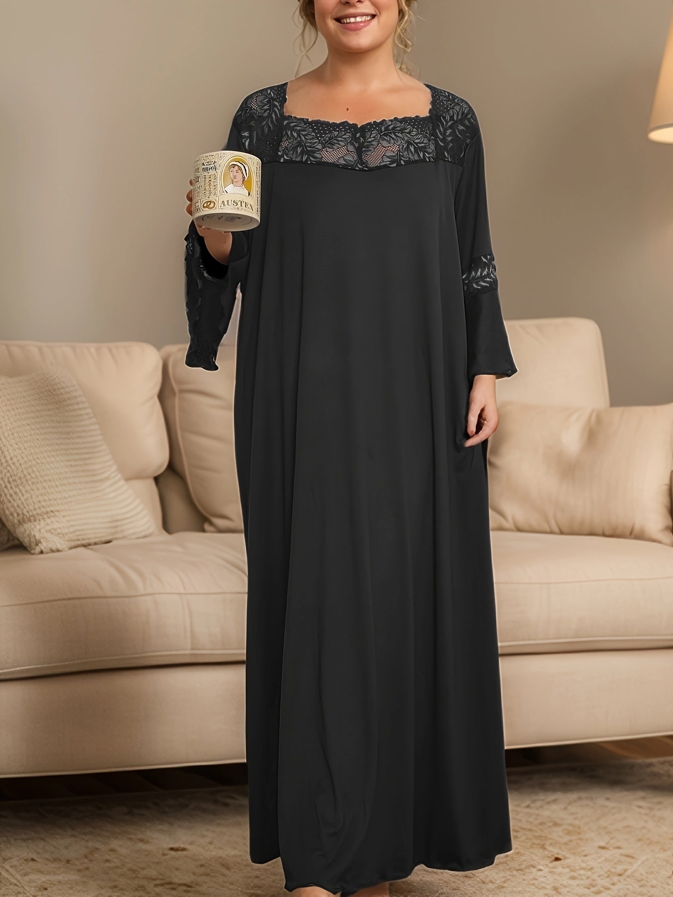 Camisón de talla grande negro con encaje para dormir para mujer