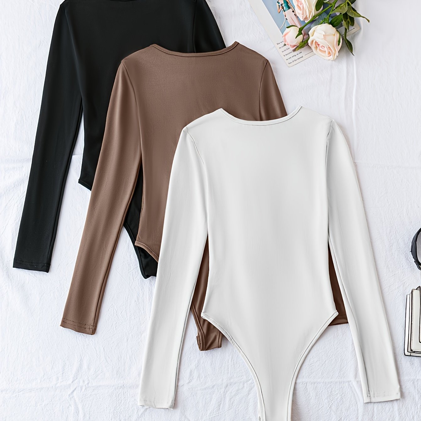 Women's Solid Polyester Crew Neck Long Sleeve Bodysuits Pack of Three Casual One-Piece Clothing