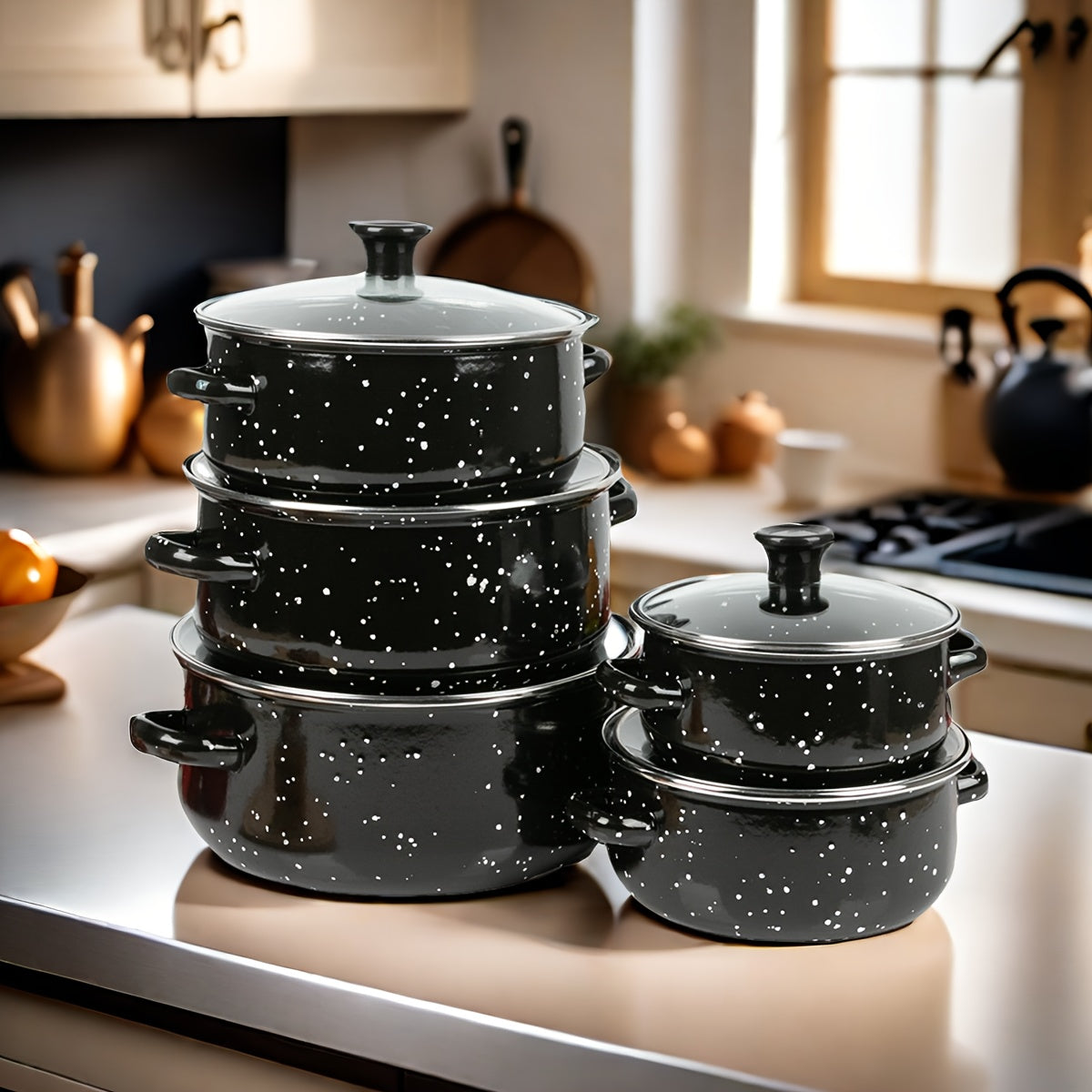 Yengil emalli qozonlar to'plami, 3 ta qism, yopishqoq bo'lmagan oshxona idishlari, sho'rva, qaynash, qovurish uchun