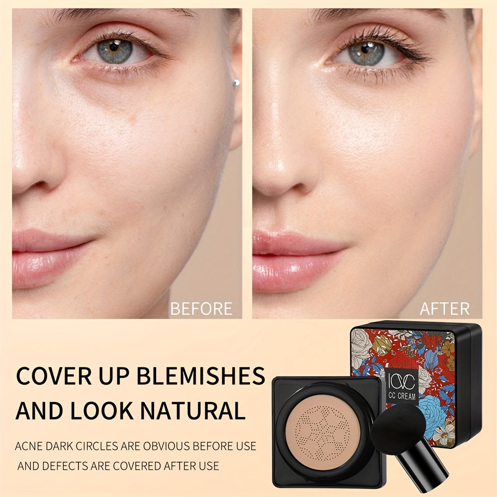 Crema de base con esponja de aire con setas para mujer, cobertura total, a prueba de agua