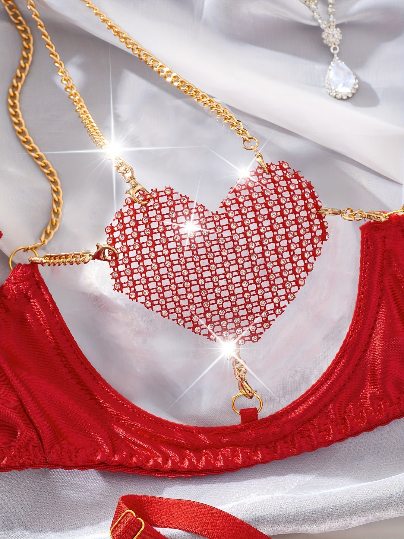 Heart Patterned Sheer Lingerie Set with Bra and Thong Polyester Blend Stretchy