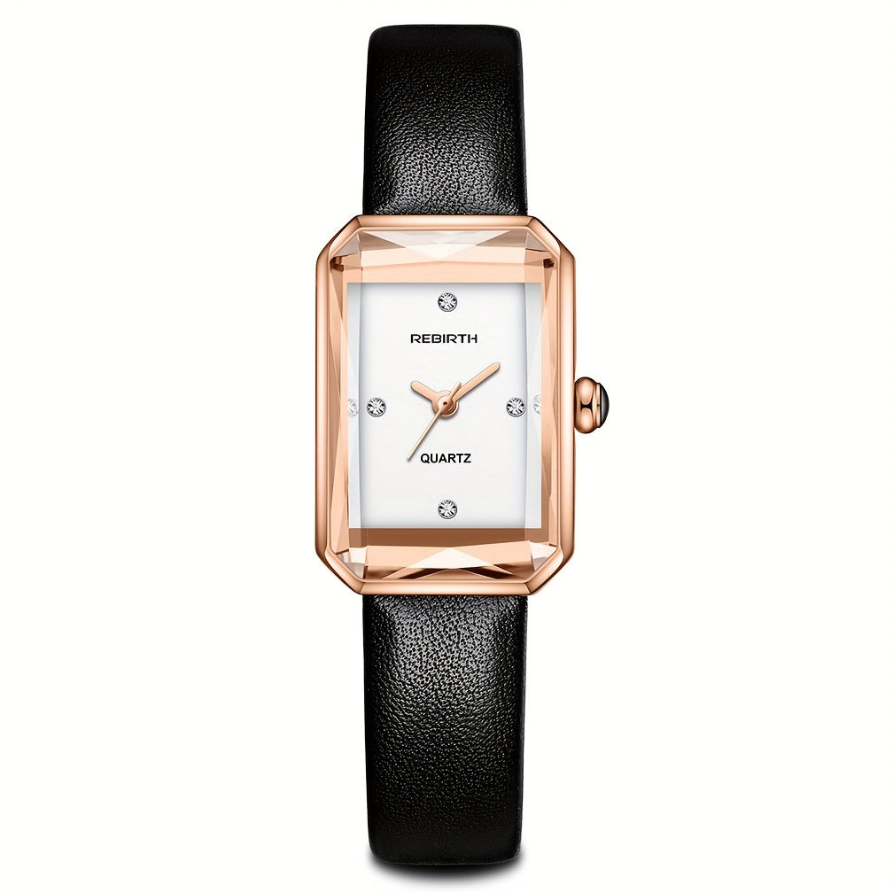Women's Square Quartz Watch with Rhinestone Accents Faux Leather Band and Non-Rechargeable Battery