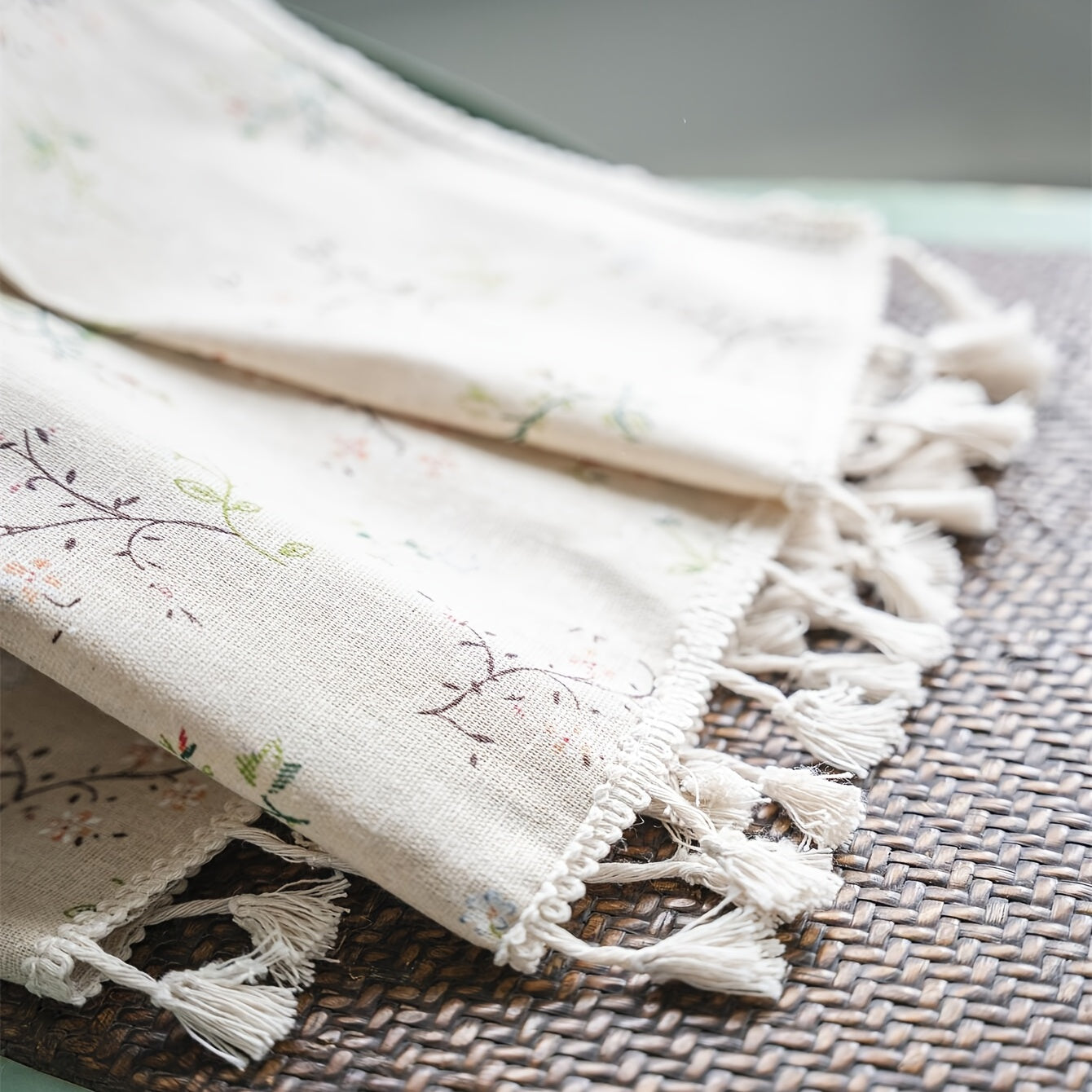 Bohemian Floral Milk-White Linen Curtain with Semi-Shading for Living Room Bedroom Office