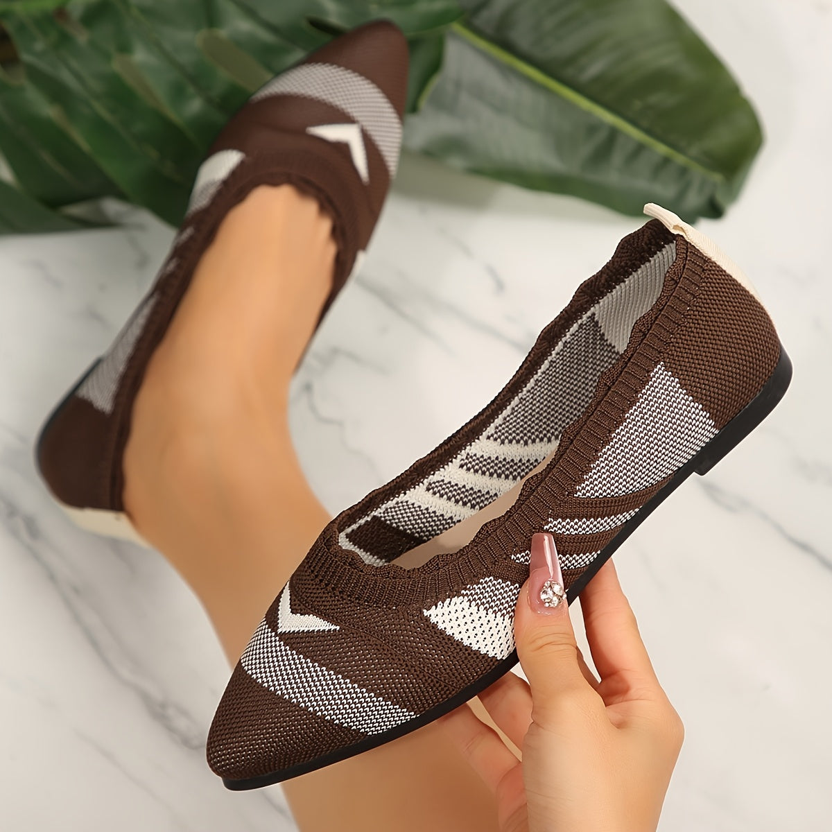 Women's Navy White Striped Mary Jane Flats Slip-On Pointed Toe Casual Shoes