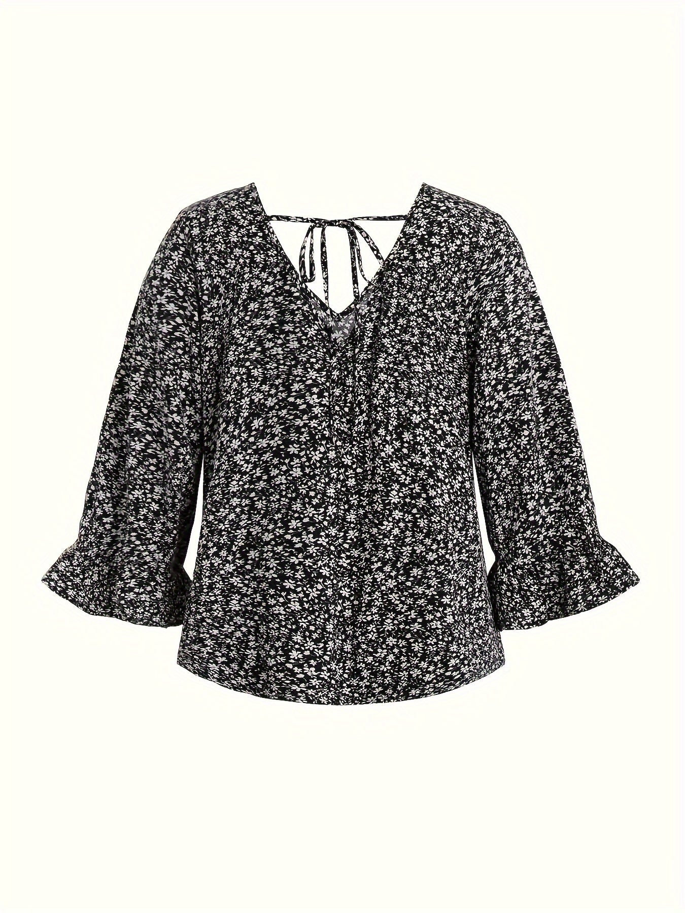 Plus Size Floral Pattern Blouse V Neck Ruffle Long Sleeve Spring Summer Women