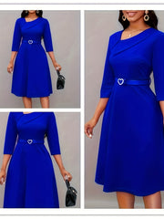 Women’s Navy Blue Pleated Maxi Dress with Belt and Asymmetrical Neckline