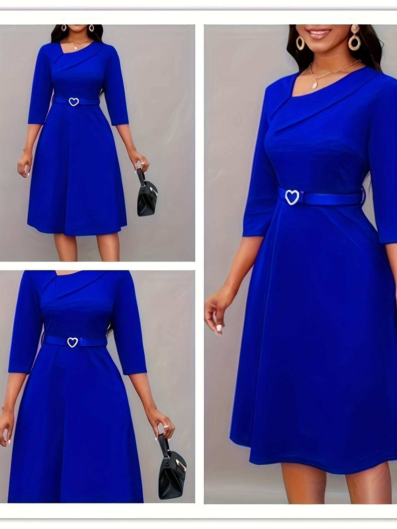 Women’s Navy Blue Pleated Maxi Dress with Belt and Asymmetrical Neckline