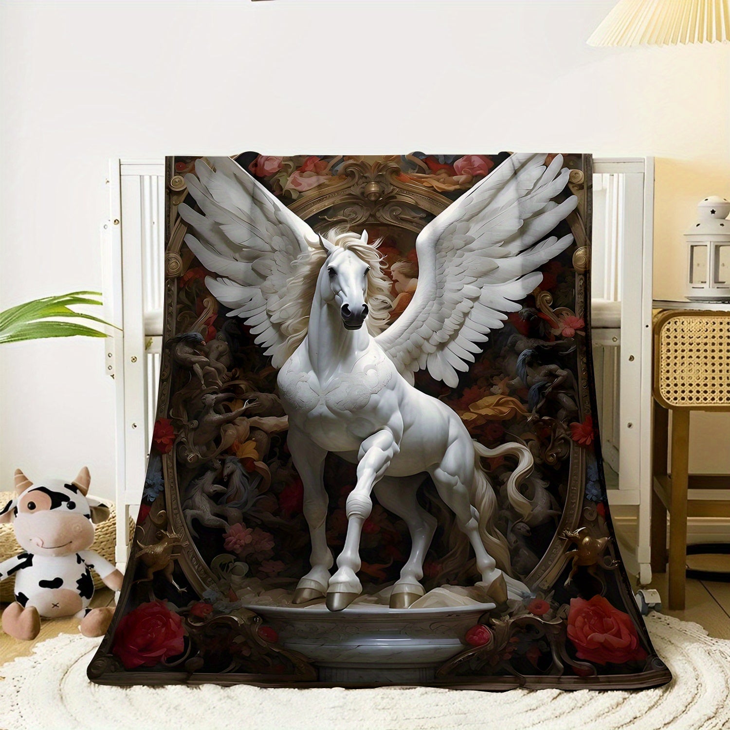 Soft Knitted Polyester Blanket with White Pegasus and Floral Angel Wings 70x100cm
