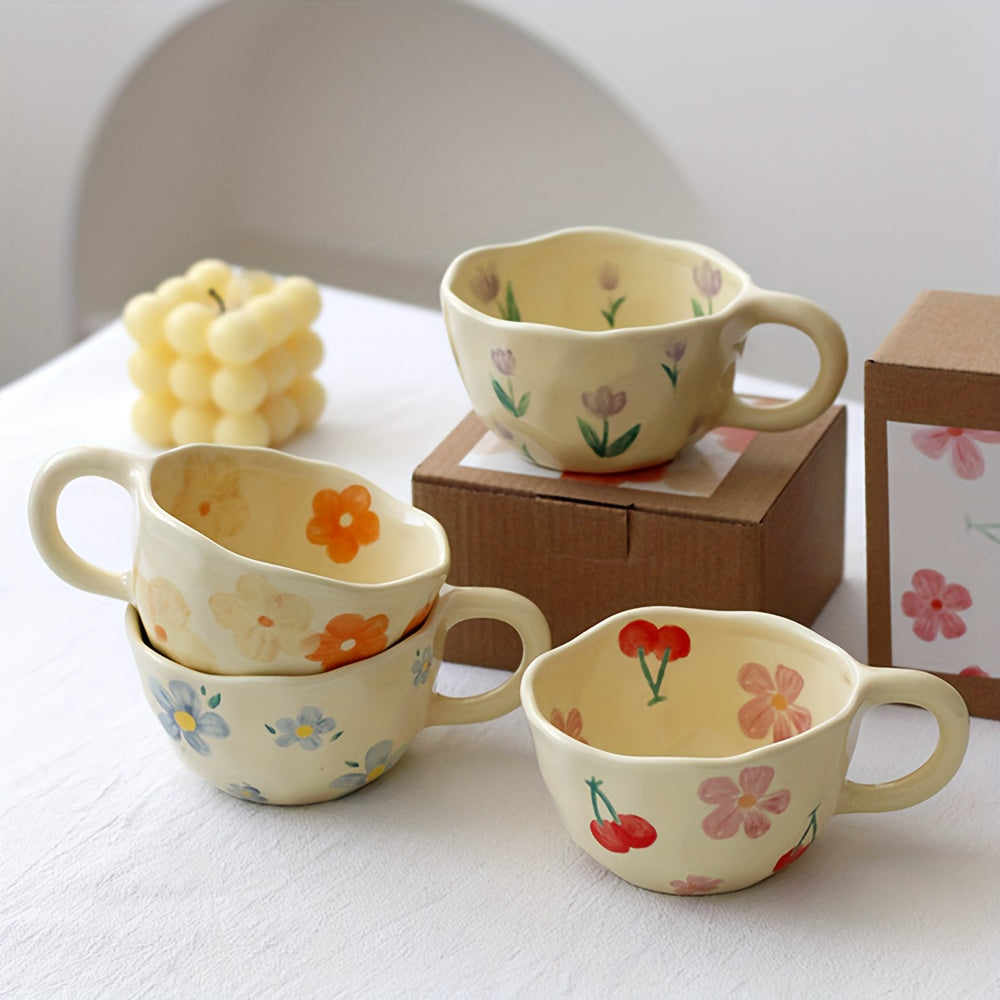 Ceramic Mug with Flowers Pattern Irregular Shape Korean Style for Coffee Tea Milk