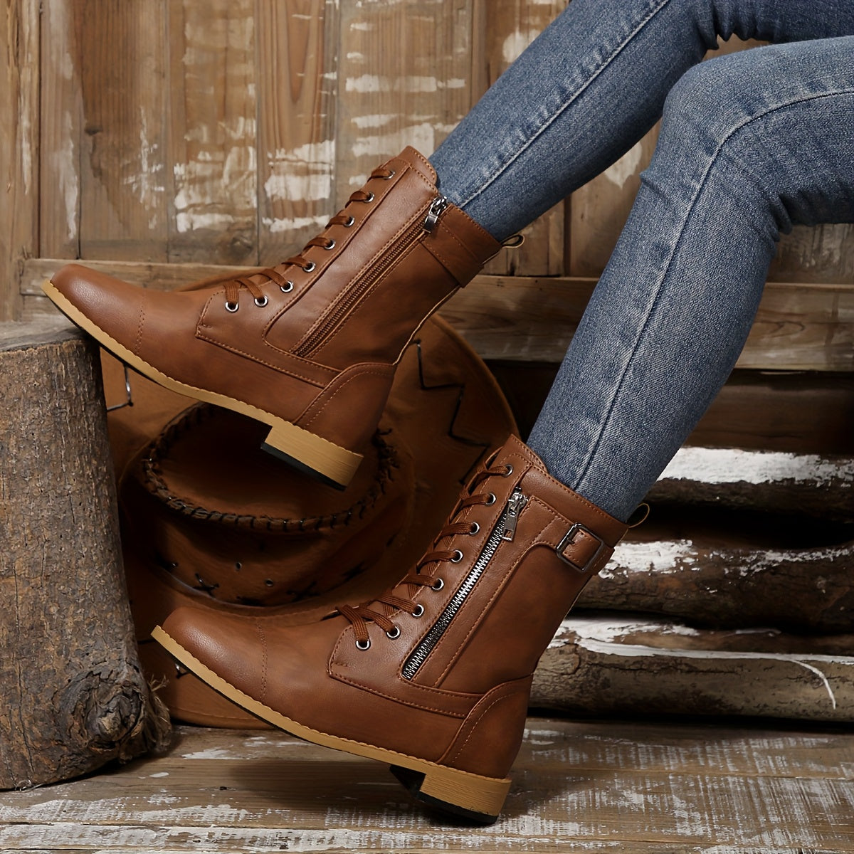 Women's Mid-Calf Faux Fur Lace-Up Booties with Zipper for Winter in 3 Colors