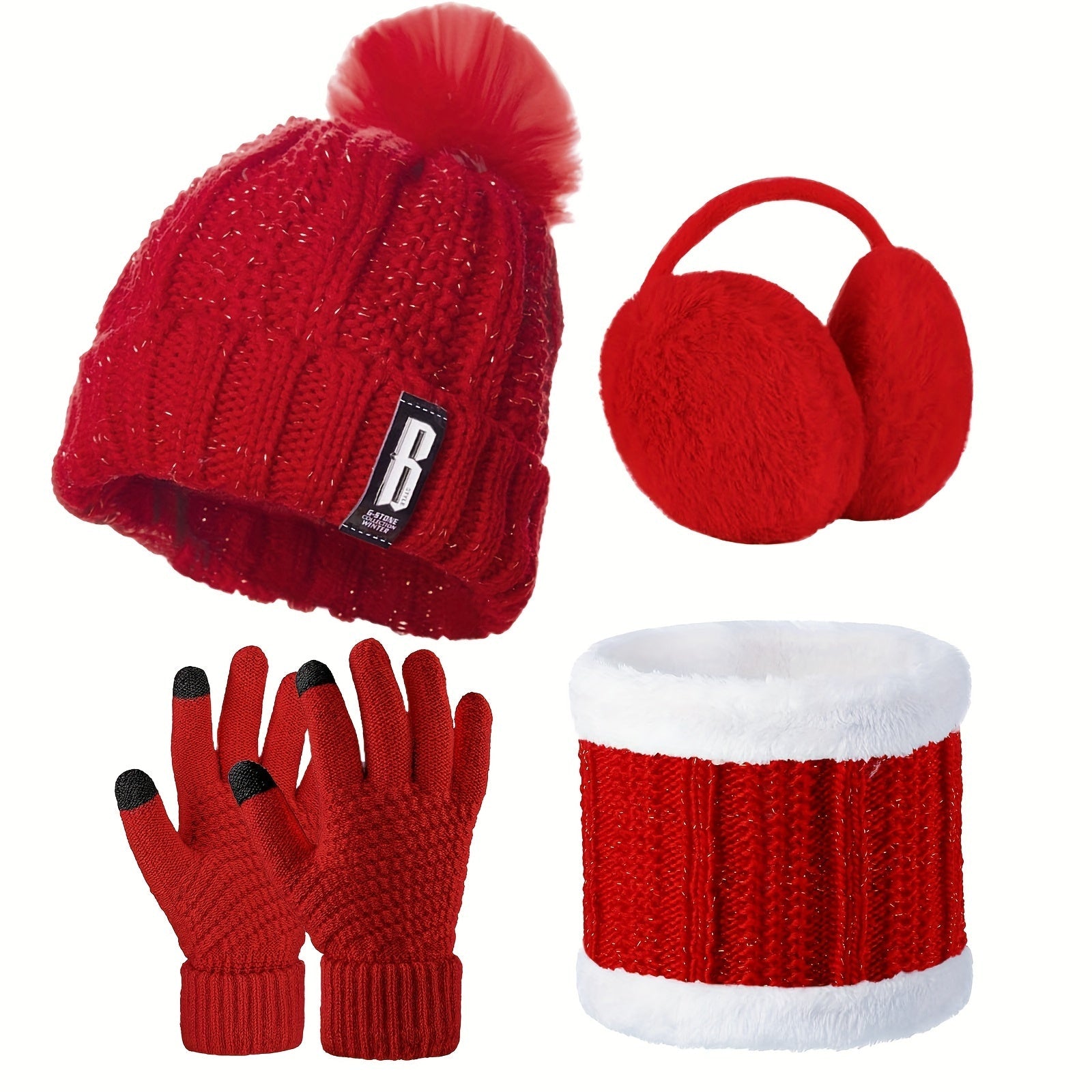 Winter Accessories Set for Women Polyester Knitted Beanie Hat Ear Warmers Gloves Scarf