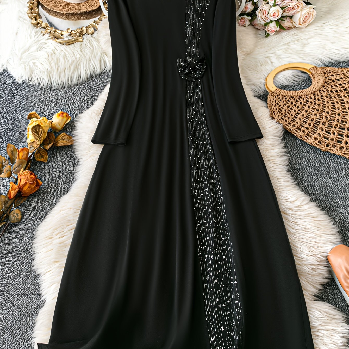 Women's Houndstooth Long Dress Black Red Asymmetrical Hem Round Neck Polyester Blend Spring Summer