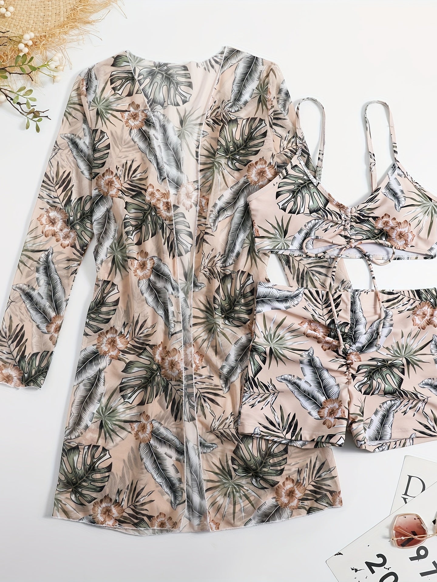 Geometric Print Bikini Set with V-Neck Boxer Shorts and Long Sleeve Cover Shirt for Women