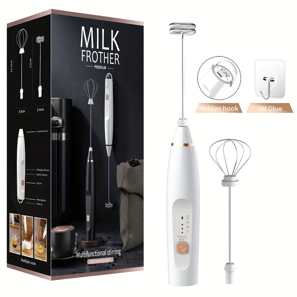 Electric Milk Frother Handheld with 3-Speed Adjustable USB Rechargeable and Stainless Steel Whisks