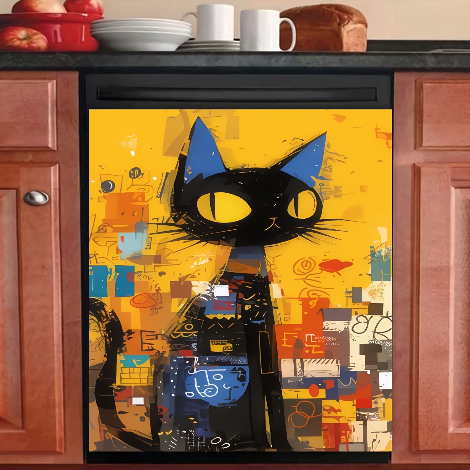 Set of 4 Black Cartoon Cat Magnetic Dishwasher Door Stickers for Easy Cleaning