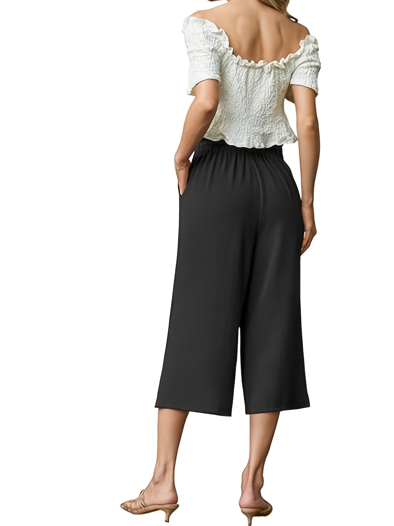 Pantalones de mujer de talla grande de cintura alta y pierna ancha con cordón elástico para verano casual