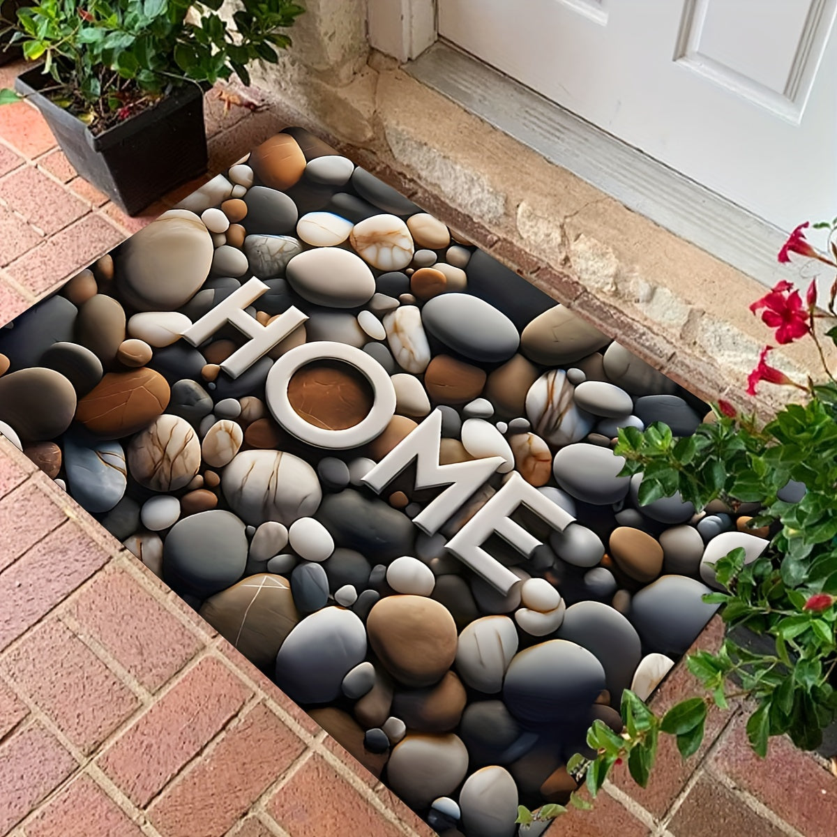 Coastal Stone Flannel Welcome Rug with Memory Foam Non-slip Absorbent Floor Mat