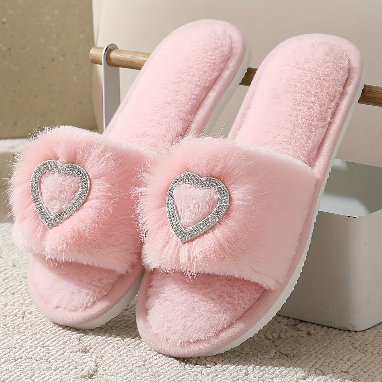 Glam Rhinestone Heart Slippers Indoor Plush Slip-Ons EVA Sole Winter Solid Color Fabric