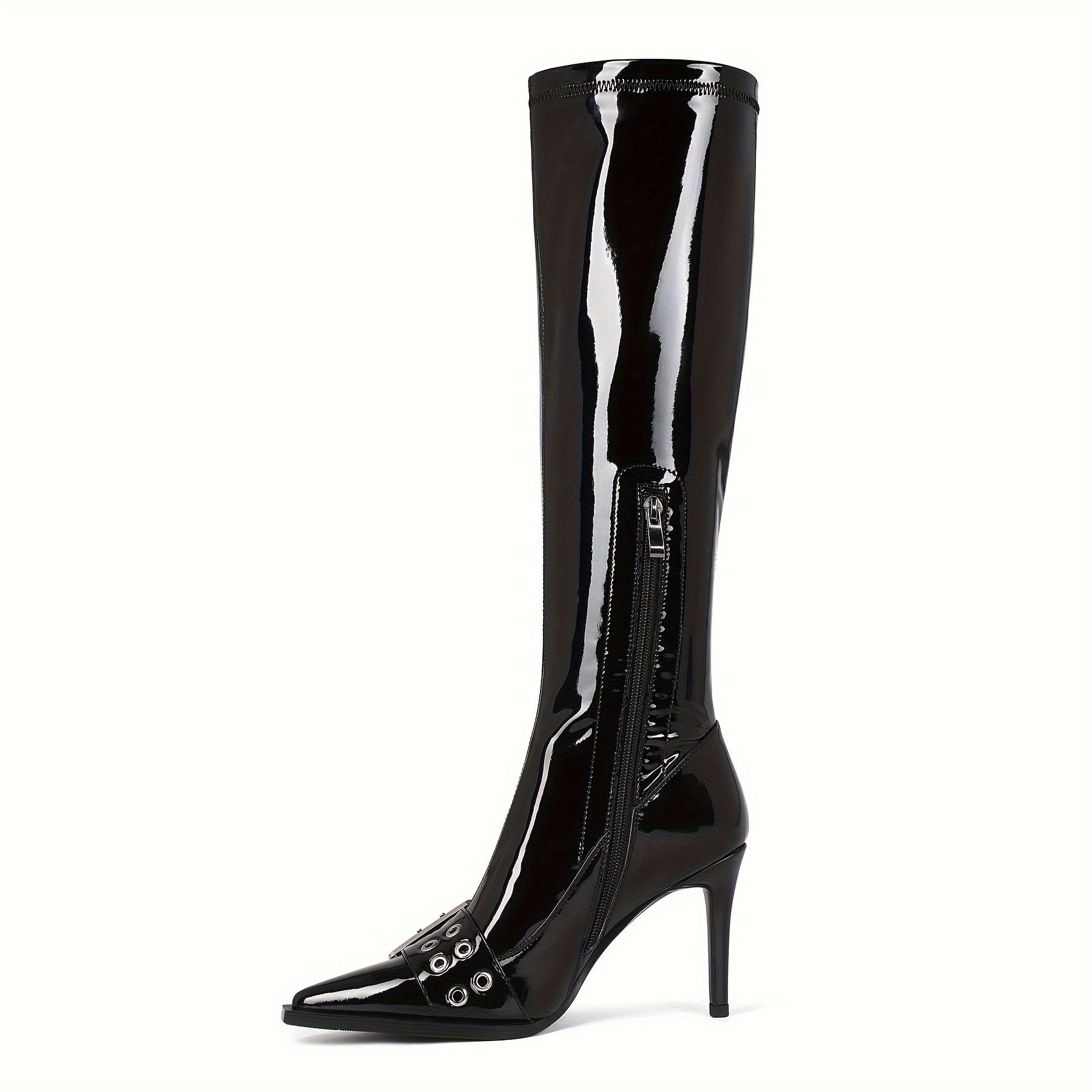 Women's Knee-High Patent Leather Stiletto Boots with Zipper and Buckle