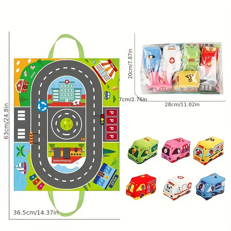 Interactive Educational Toy Set for Toddlers with Push and Go Vehicles, Animals, Play Mat and Carrying Bag