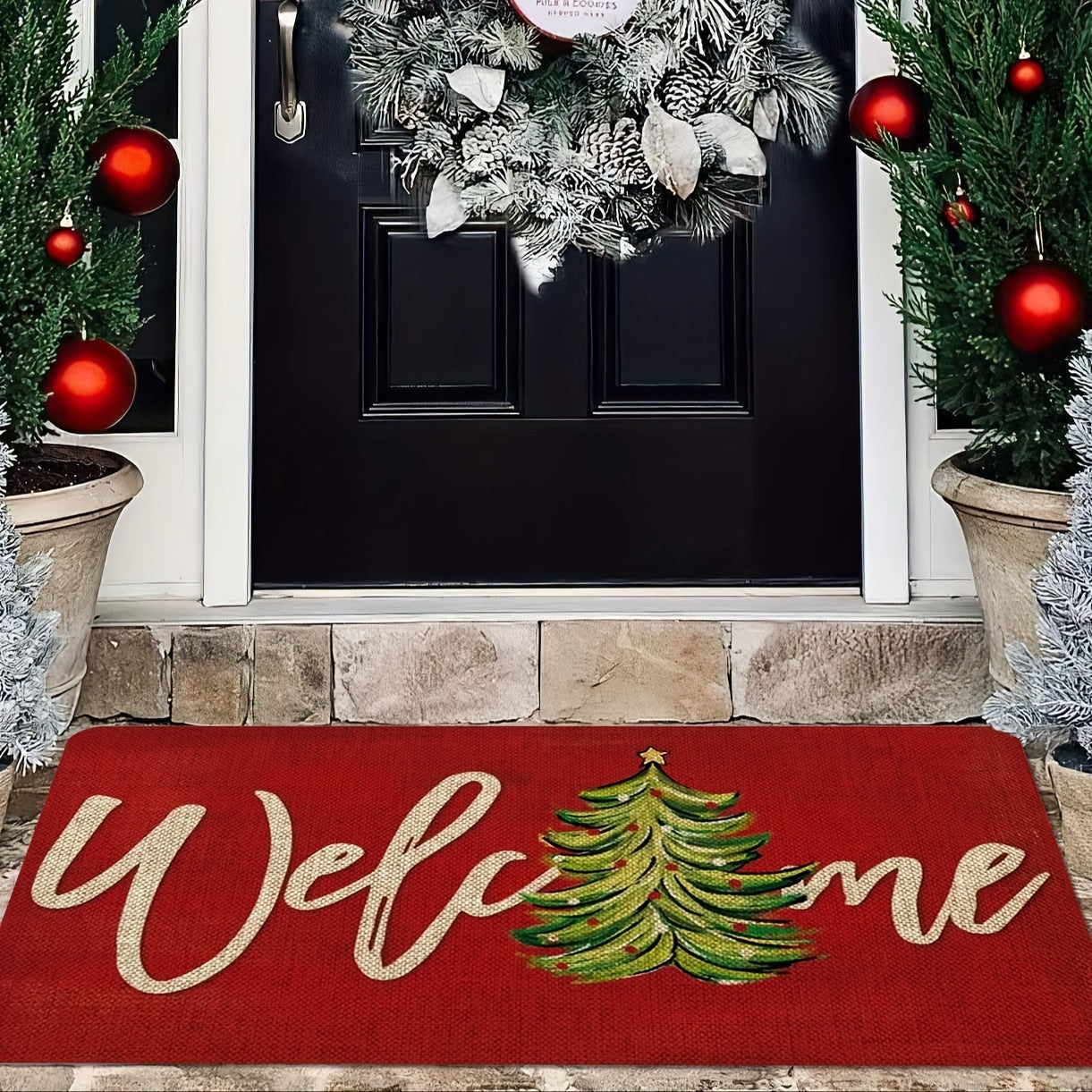 Christmas Doormat Red Polyester Non-Slip Waterproof Stain-Resistant