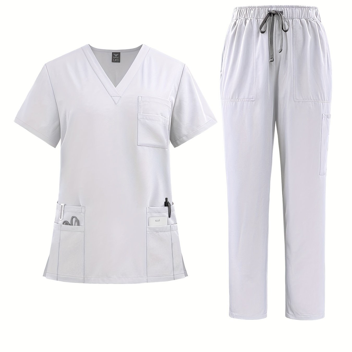 Polyester Spandex Scrubs Set with V-Neck Shirt and Straight-Leg Pants for Nurses and Surgeons