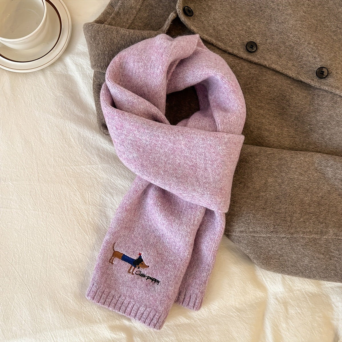 Women's Gray Wool Blend Knit Puppy Scarf Embroidered Neck Warmer Winter Windproof