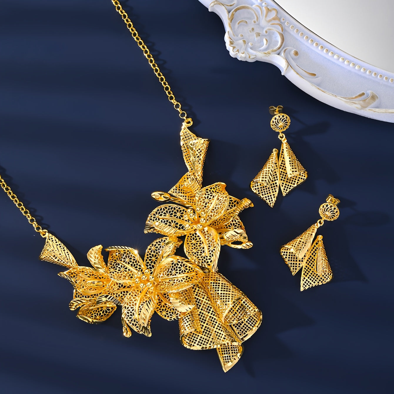 Gold Plated Jewelry Set with Floral Necklace Adjustable Ring and Pendant Earrings