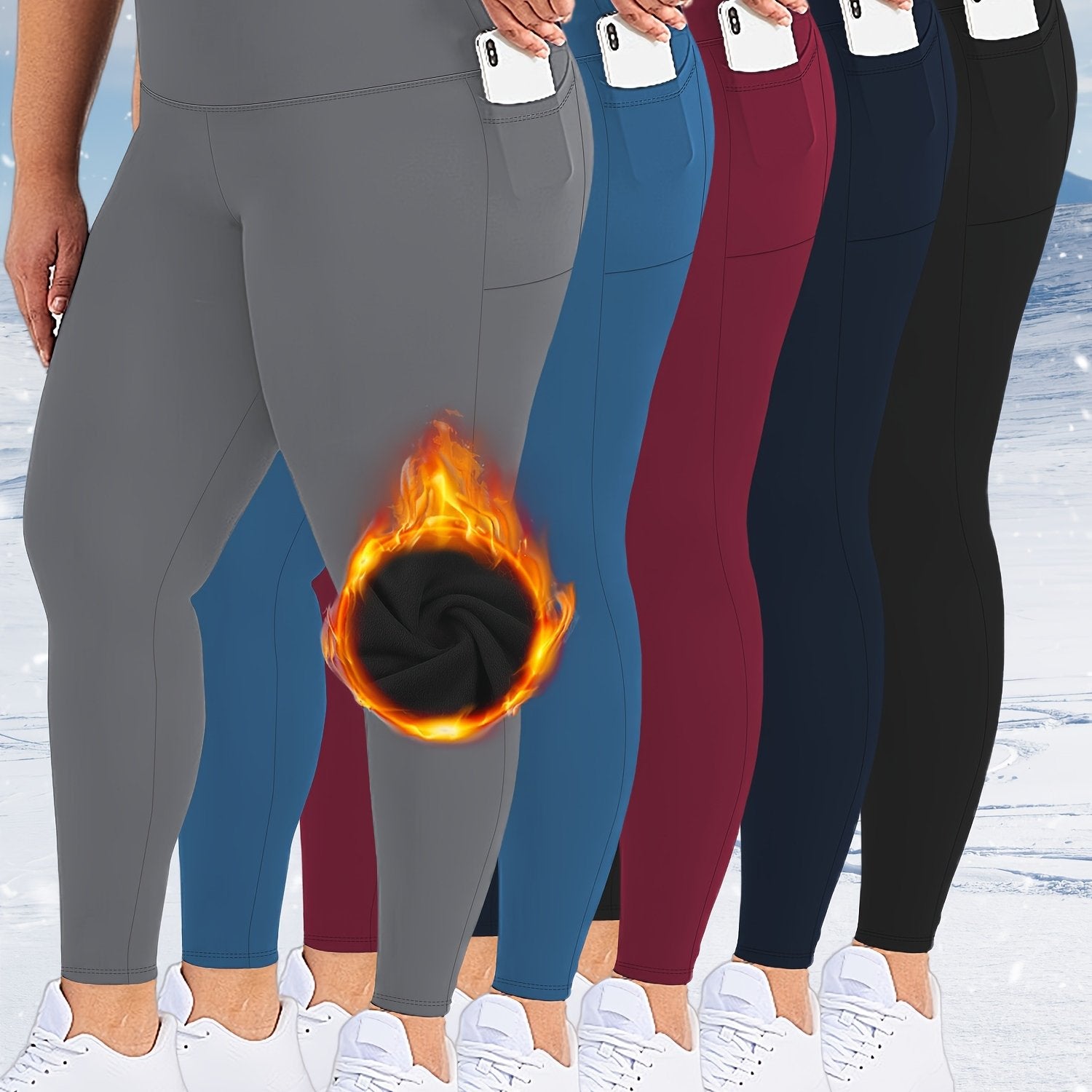 Plus Size Women's Fleece-Lined Leggings with Pockets Thermal Yoga Pants